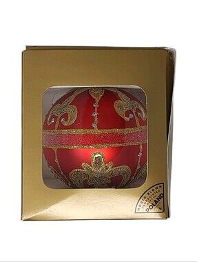 Polish Glass Red Gold Fleur De Lis Christmas Ornament Hand Painted Poland Box